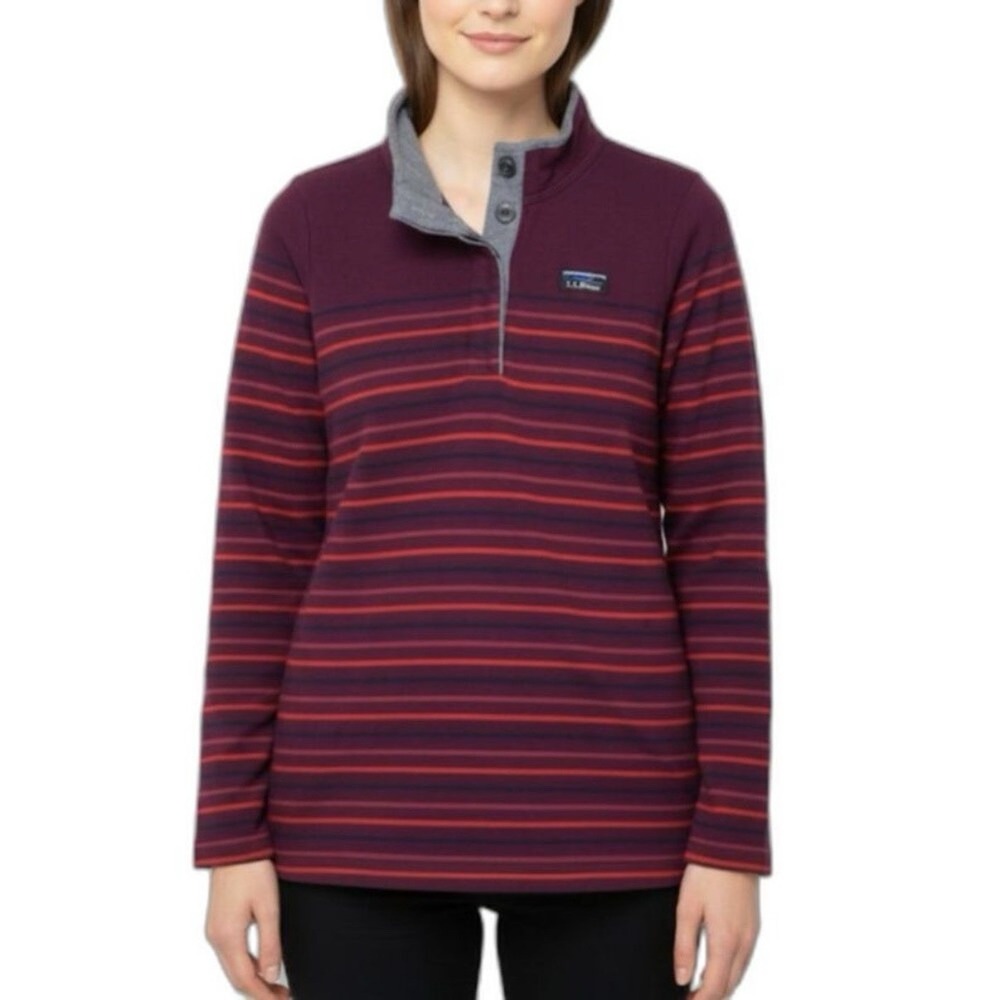 LL Bean Purple Red Striped Long Sleeve Cotton Rugby Pullover Size SMALL